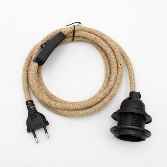 Vintage Hemp Cord Power Cords with EU Plug Switch and E27 Retro Lamp Holder
